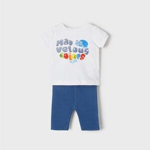Size 18 months Mayoral Colorful Graphic Tee and Blue Pants Set